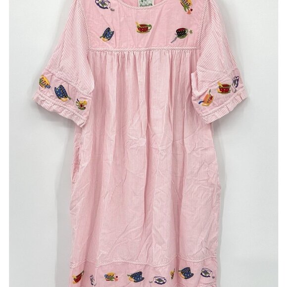 QUACKER FACTORY muumuu kaftan robe coffee tea seersucker pink white plus 1X - Picture 2 of 9